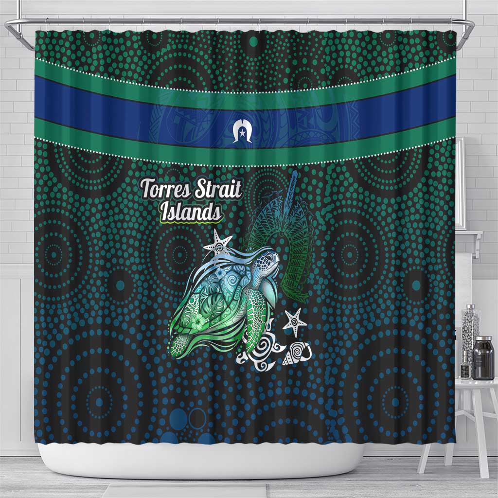 Torres Strait Islands Sea Turtle and Dhari Shower Curtain Oceanic Indigenous Dotwork Tribal Illustration