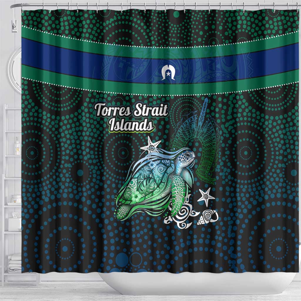 Torres Strait Islands Sea Turtle and Dhari Shower Curtain Oceanic Indigenous Dotwork Tribal Illustration