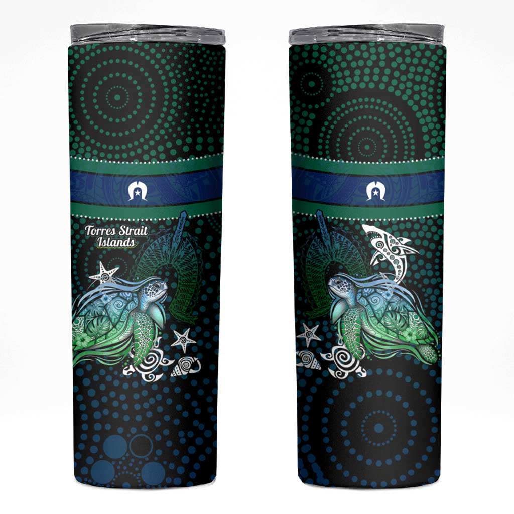 Torres Strait Islands Sea Turtle and Dhari Skinny Tumbler Oceanic Indigenous Dotwork Tribal Illustration