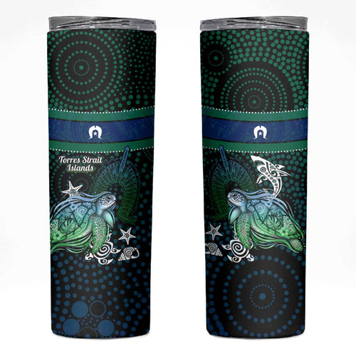 Torres Strait Islands Sea Turtle and Dhari Skinny Tumbler Oceanic Indigenous Dotwork Tribal Illustration