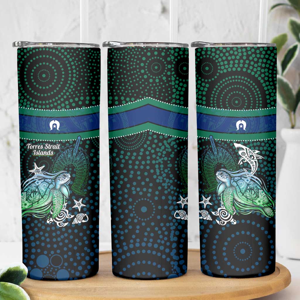 Torres Strait Islands Sea Turtle and Dhari Skinny Tumbler Oceanic Indigenous Dotwork Tribal Illustration