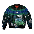 Torres Strait Islands Sea Turtle and Dhari Sleeve Zip Bomber Jacket Oceanic Indigenous Dotwork Tribal Illustration