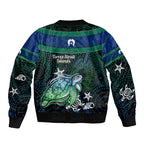 Torres Strait Islands Sea Turtle and Dhari Sleeve Zip Bomber Jacket Oceanic Indigenous Dotwork Tribal Illustration