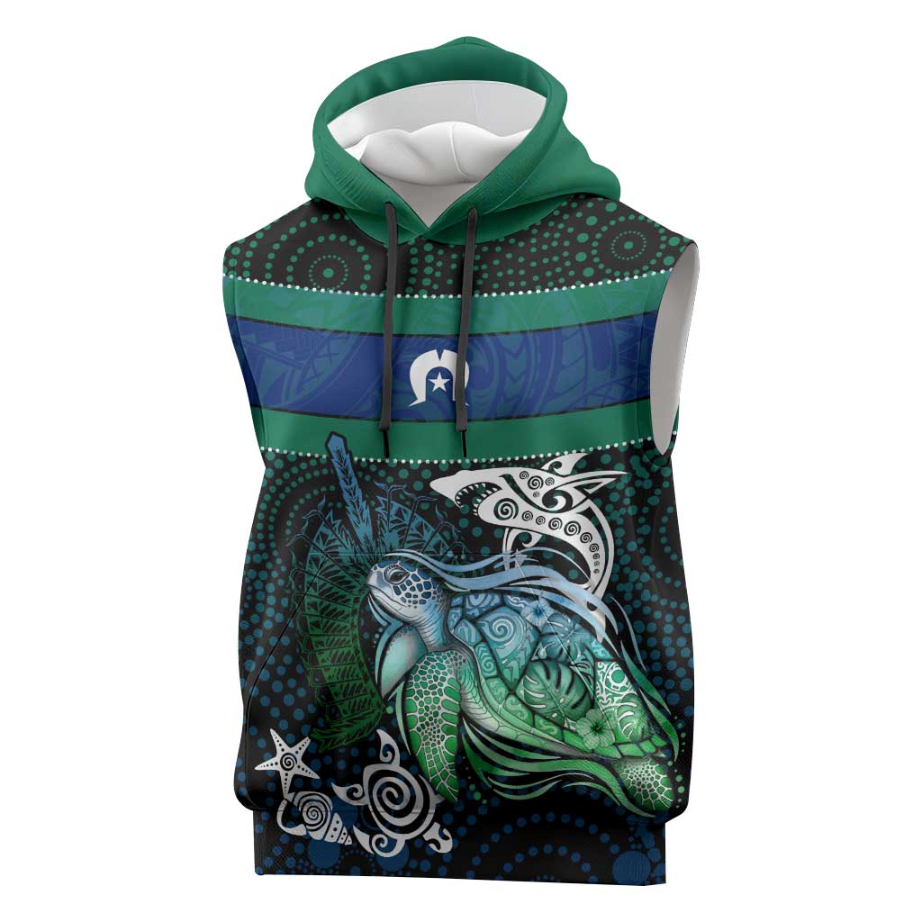 Torres Strait Islands Sea Turtle and Dhari Sleeveless Hoodie Oceanic Indigenous Dotwork Tribal Illustration