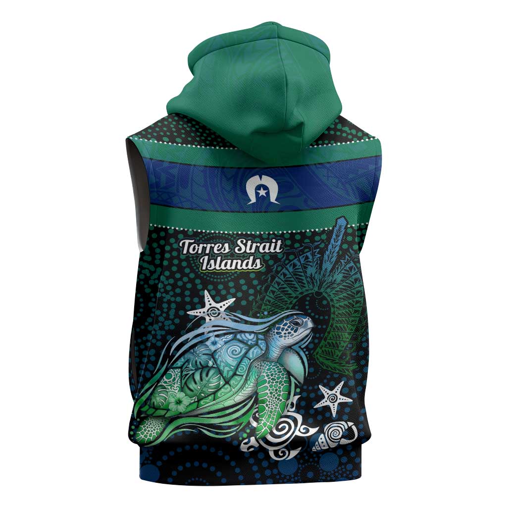 Torres Strait Islands Sea Turtle and Dhari Sleeveless Hoodie Oceanic Indigenous Dotwork Tribal Illustration