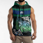 Torres Strait Islands Sea Turtle and Dhari Sleeveless Hoodie Oceanic Indigenous Dotwork Tribal Illustration