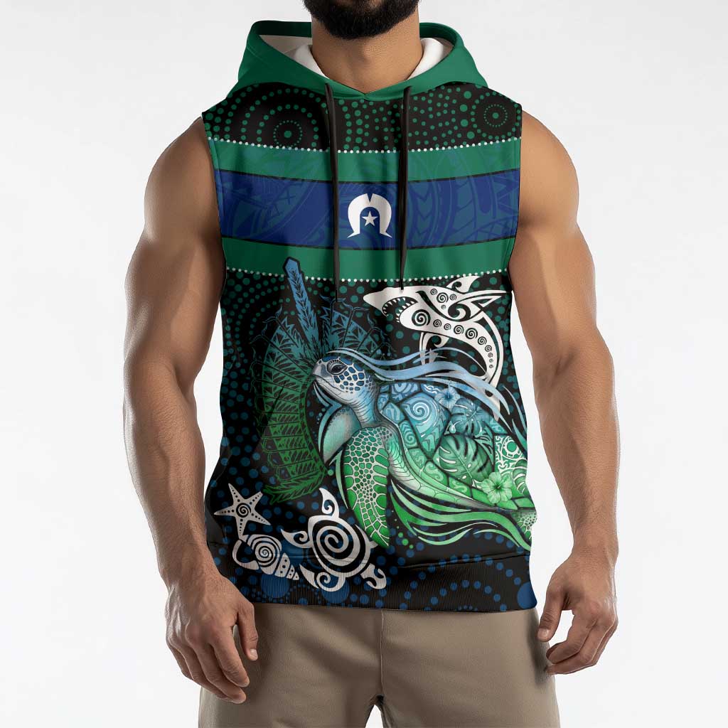 Torres Strait Islands Sea Turtle and Dhari Sleeveless Hoodie Oceanic Indigenous Dotwork Tribal Illustration