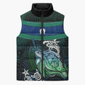 Torres Strait Islands Sea Turtle and Dhari Sleeveless Puffer Jacket Oceanic Indigenous Dotwork Tribal Illustration