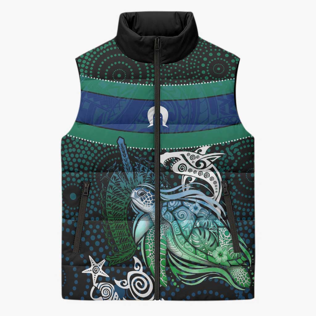 Torres Strait Islands Sea Turtle and Dhari Sleeveless Puffer Jacket Oceanic Indigenous Dotwork Tribal Illustration