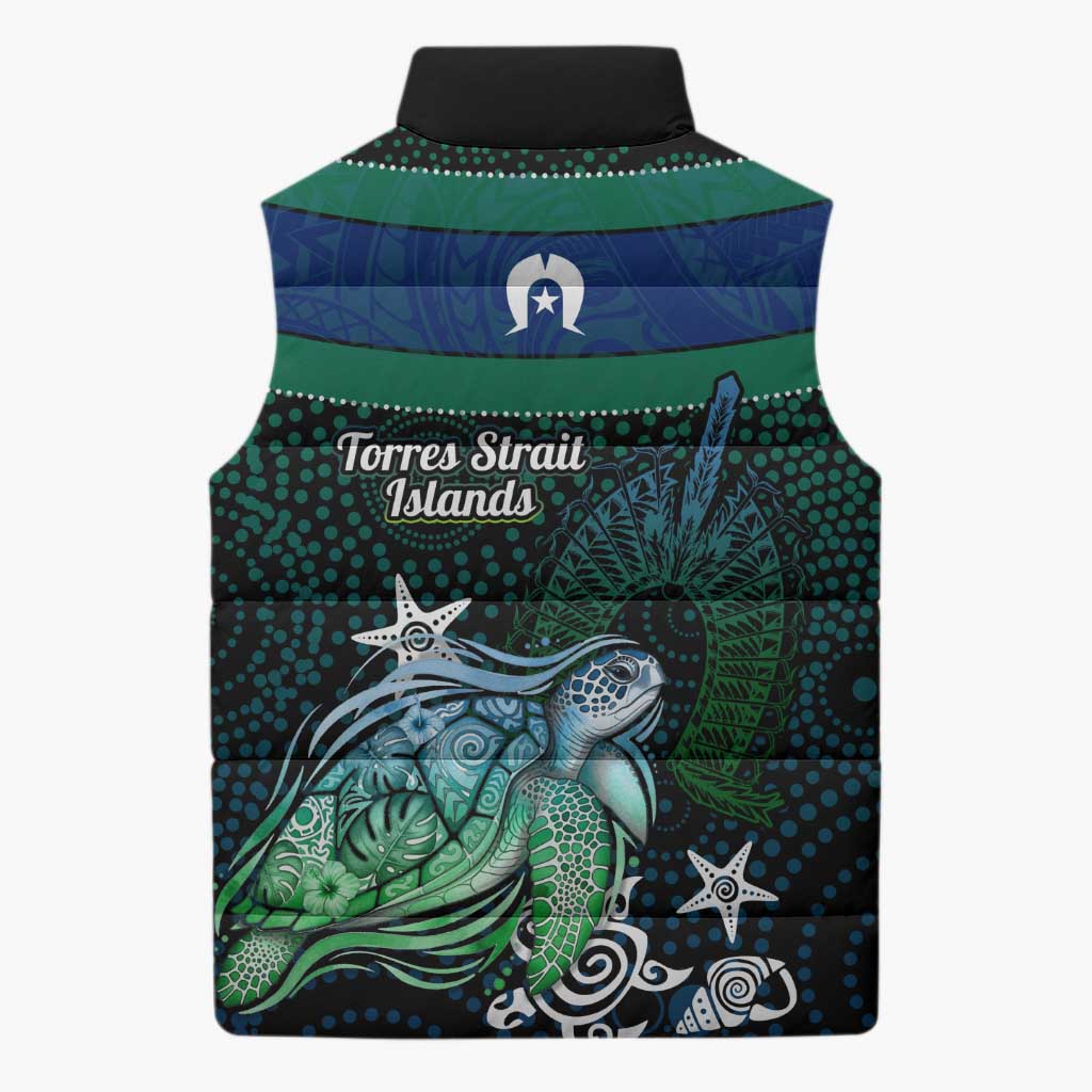 Torres Strait Islands Sea Turtle and Dhari Sleeveless Puffer Jacket Oceanic Indigenous Dotwork Tribal Illustration