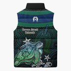 Torres Strait Islands Sea Turtle and Dhari Sleeveless Puffer Jacket Oceanic Indigenous Dotwork Tribal Illustration