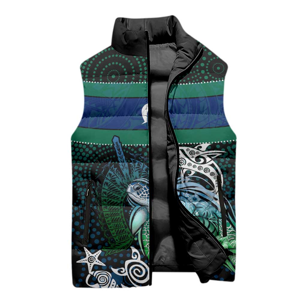 Torres Strait Islands Sea Turtle and Dhari Sleeveless Puffer Jacket Oceanic Indigenous Dotwork Tribal Illustration