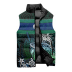 Torres Strait Islands Sea Turtle and Dhari Sleeveless Puffer Jacket Oceanic Indigenous Dotwork Tribal Illustration