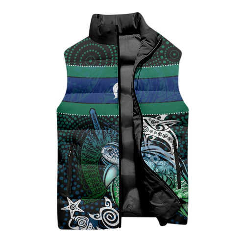 Torres Strait Islands Sea Turtle and Dhari Sleeveless Puffer Jacket Oceanic Indigenous Dotwork Tribal Illustration