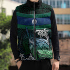 Torres Strait Islands Sea Turtle and Dhari Sleeveless Puffer Jacket Oceanic Indigenous Dotwork Tribal Illustration
