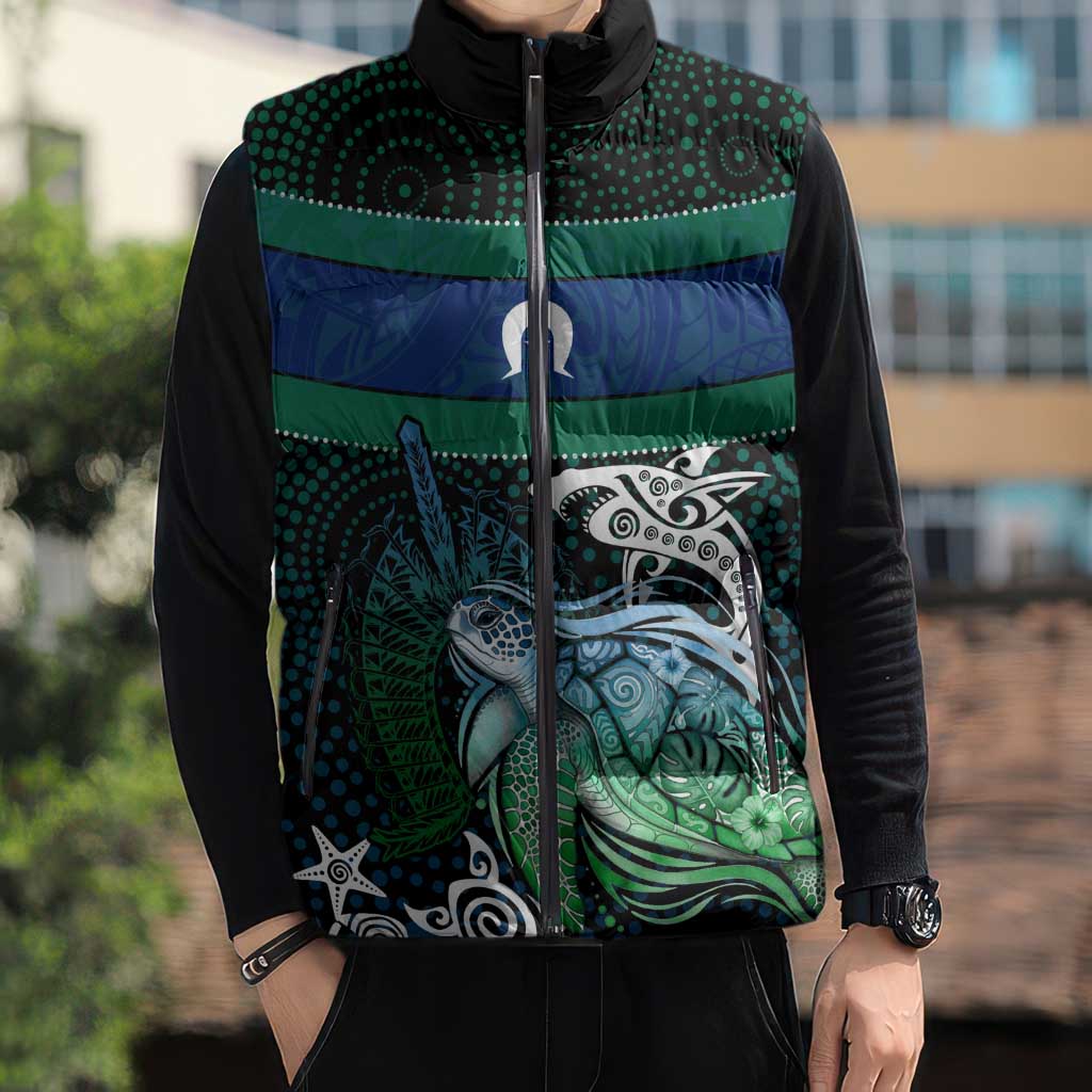 Torres Strait Islands Sea Turtle and Dhari Sleeveless Puffer Jacket Oceanic Indigenous Dotwork Tribal Illustration