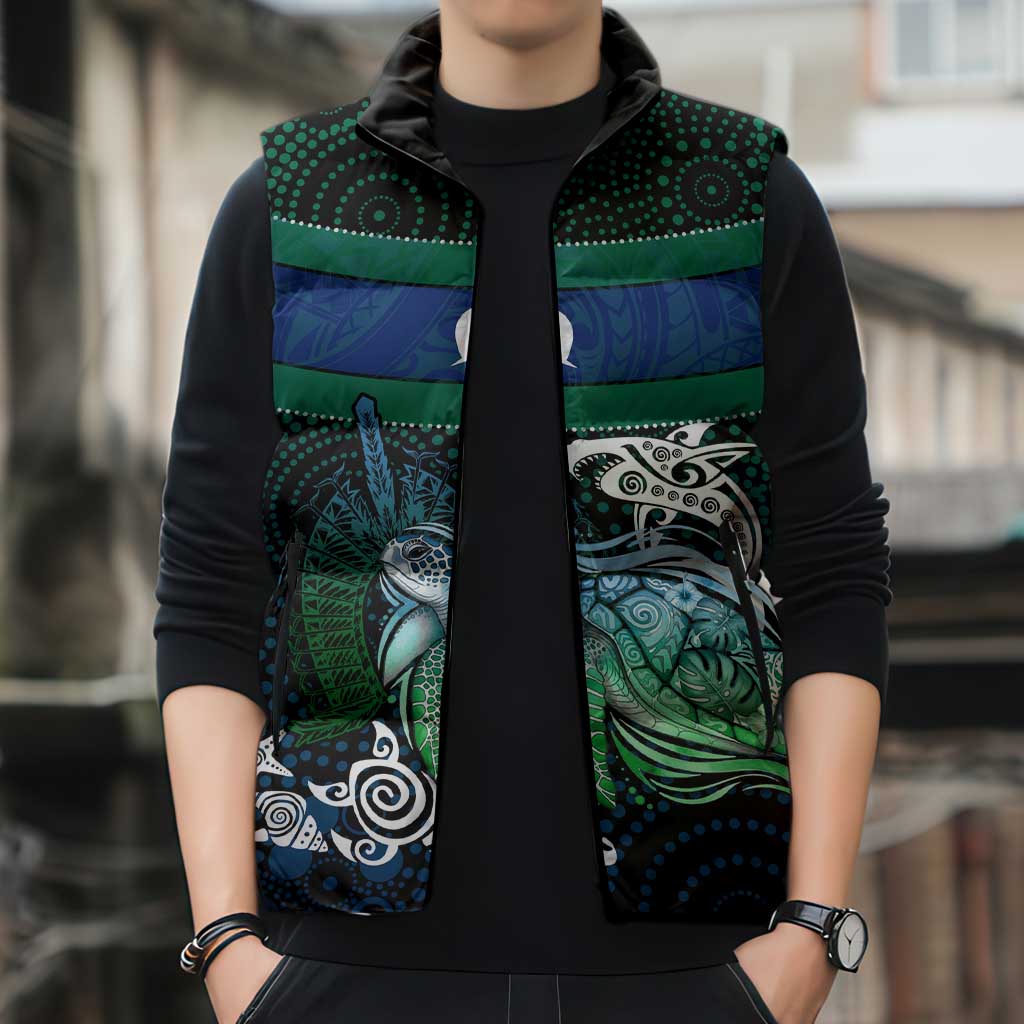 Torres Strait Islands Sea Turtle and Dhari Sleeveless Puffer Jacket Oceanic Indigenous Dotwork Tribal Illustration