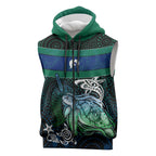 Torres Strait Islands Sea Turtle and Dhari Sleeveless Zip Hoodie Oceanic Indigenous Dotwork Tribal Illustration
