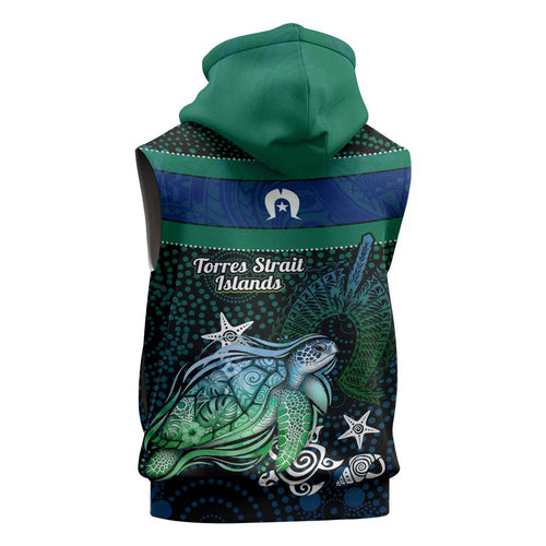 Torres Strait Islands Sea Turtle and Dhari Sleeveless Zip Hoodie Oceanic Indigenous Dotwork Tribal Illustration
