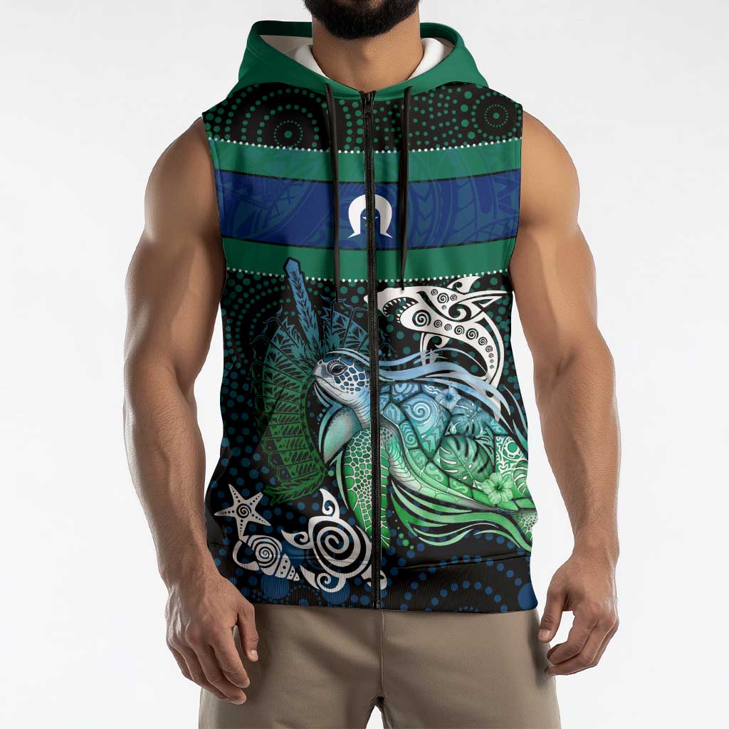 Torres Strait Islands Sea Turtle and Dhari Sleeveless Zip Hoodie Oceanic Indigenous Dotwork Tribal Illustration