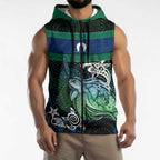 Torres Strait Islands Sea Turtle and Dhari Sleeveless Zip Hoodie Oceanic Indigenous Dotwork Tribal Illustration
