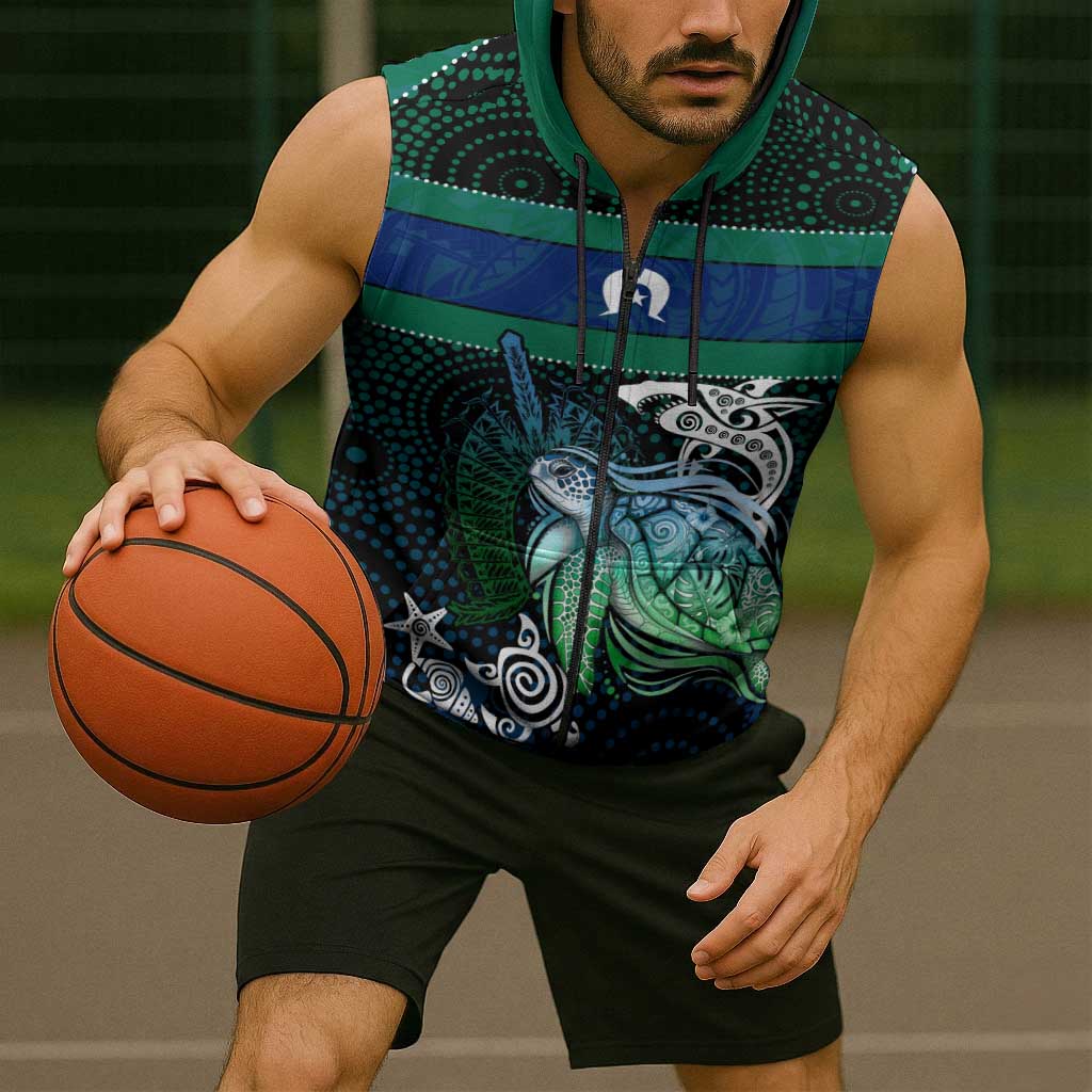 Torres Strait Islands Sea Turtle and Dhari Sleeveless Zip Hoodie Oceanic Indigenous Dotwork Tribal Illustration