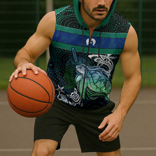Torres Strait Islands Sea Turtle and Dhari Sleeveless Zip Hoodie Oceanic Indigenous Dotwork Tribal Illustration