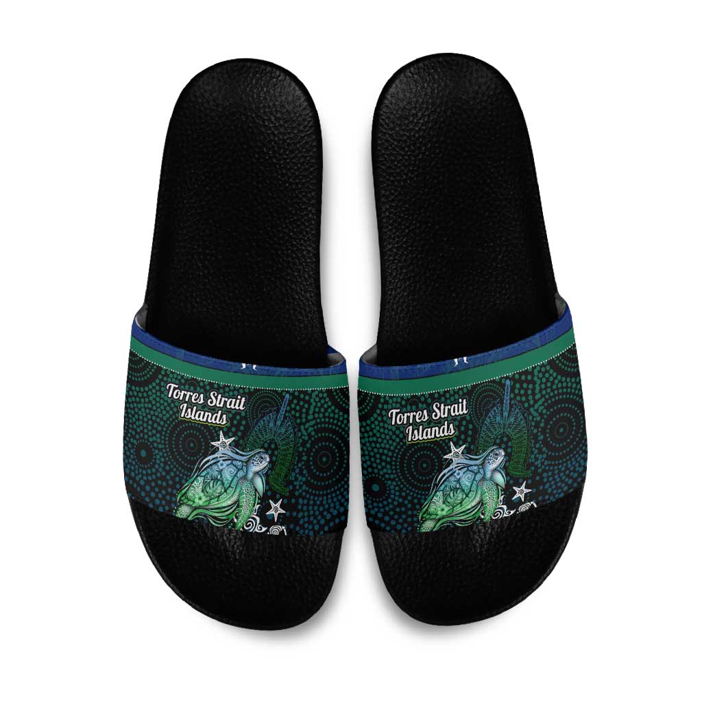 Torres Strait Islands Sea Turtle and Dhari Slide Sandals Oceanic Indigenous Dotwork Tribal Illustration