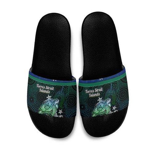 Torres Strait Islands Sea Turtle and Dhari Slide Sandals Oceanic Indigenous Dotwork Tribal Illustration