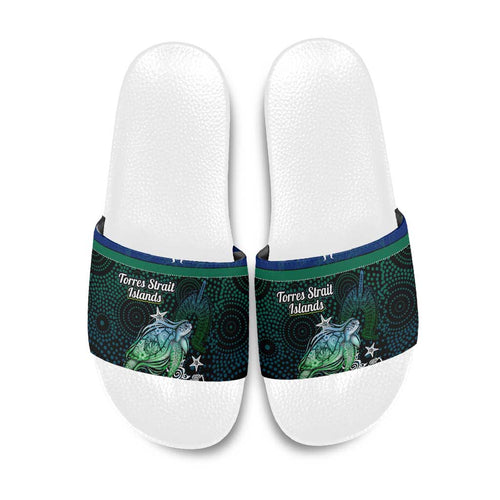Torres Strait Islands Sea Turtle and Dhari Slide Sandals Oceanic Indigenous Dotwork Tribal Illustration