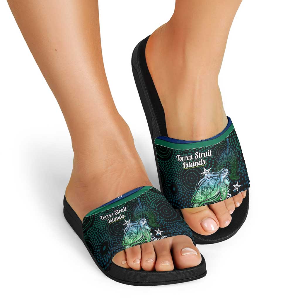 Torres Strait Islands Sea Turtle and Dhari Slide Sandals Oceanic Indigenous Dotwork Tribal Illustration
