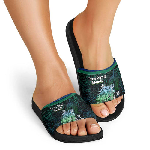 Torres Strait Islands Sea Turtle and Dhari Slide Sandals Oceanic Indigenous Dotwork Tribal Illustration