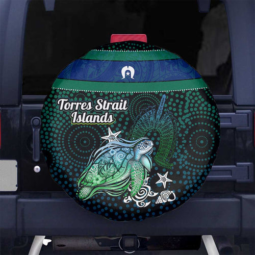 Torres Strait Islands Sea Turtle and Dhari Spare Tire Cover Oceanic Indigenous Dotwork Tribal Illustration