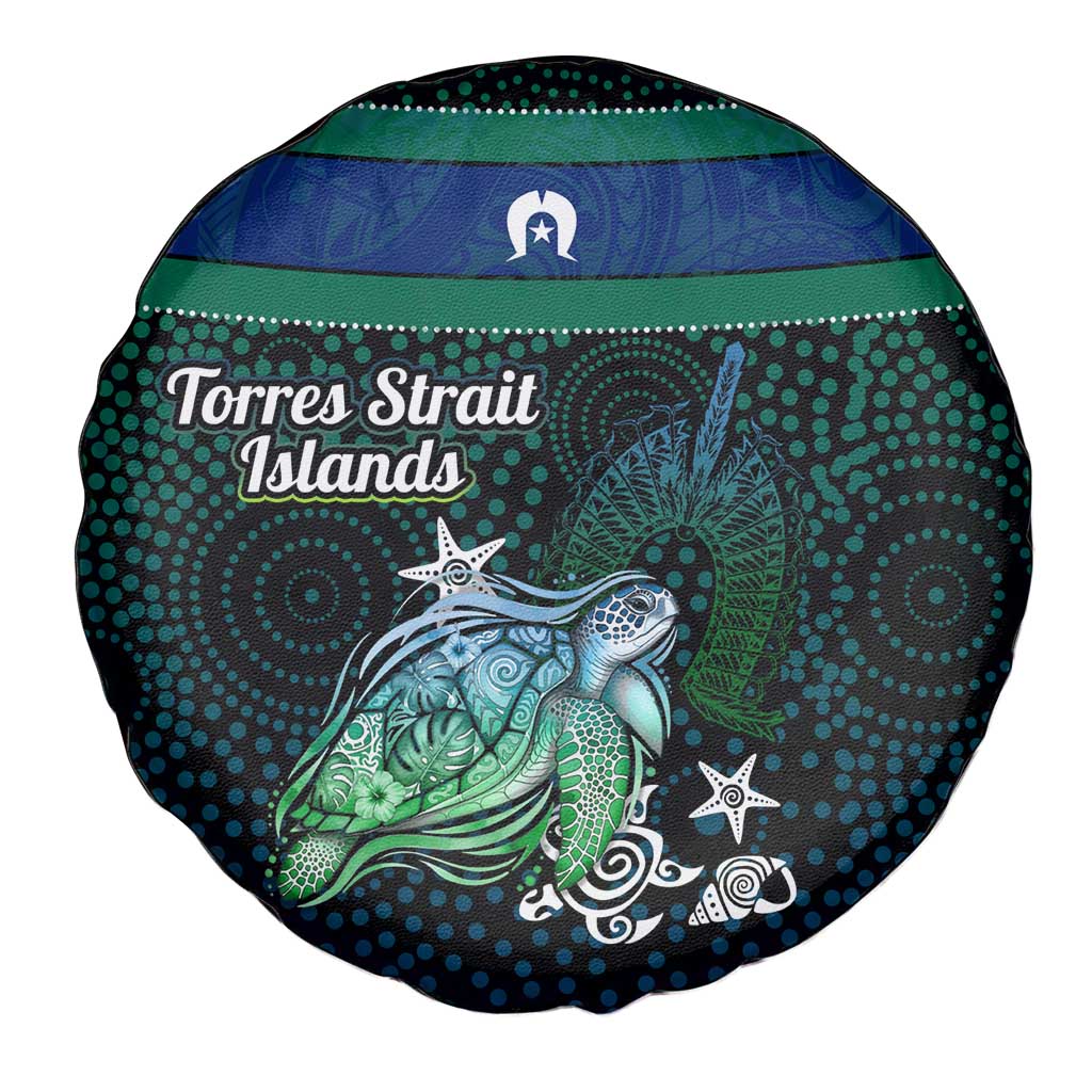 Torres Strait Islands Sea Turtle and Dhari Spare Tire Cover Oceanic Indigenous Dotwork Tribal Illustration