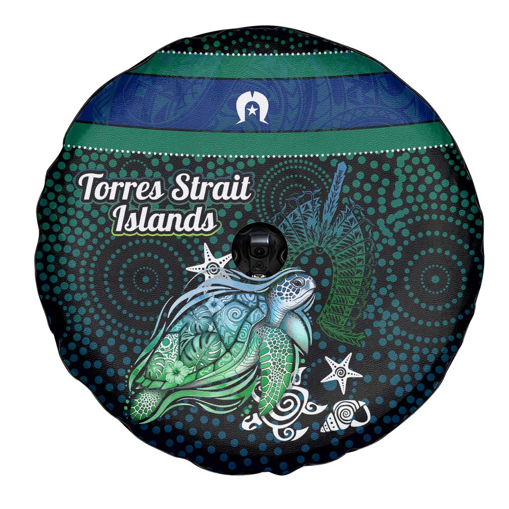 Torres Strait Islands Sea Turtle and Dhari Spare Tire Cover Oceanic Indigenous Dotwork Tribal Illustration