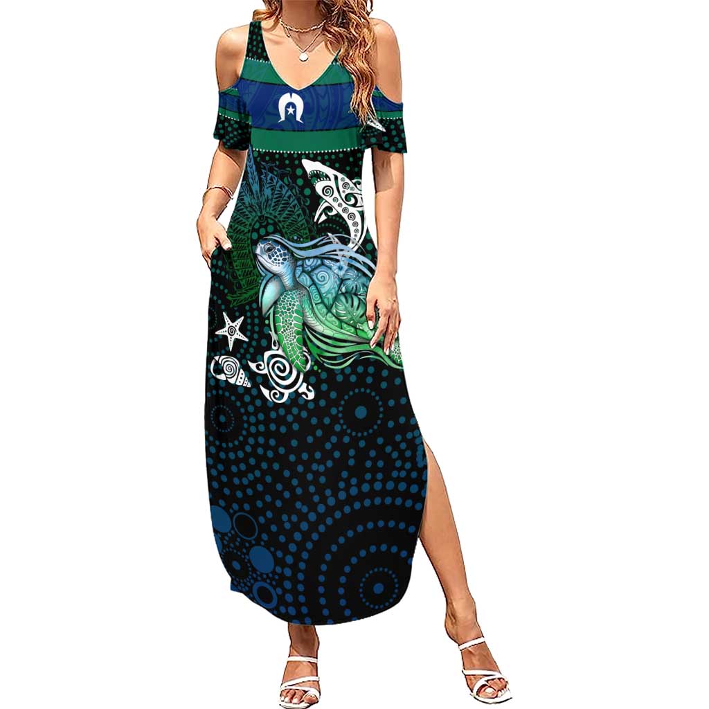 Torres Strait Islands Sea Turtle and Dhari Summer Maxi Dress Oceanic Indigenous Dotwork Tribal Illustration