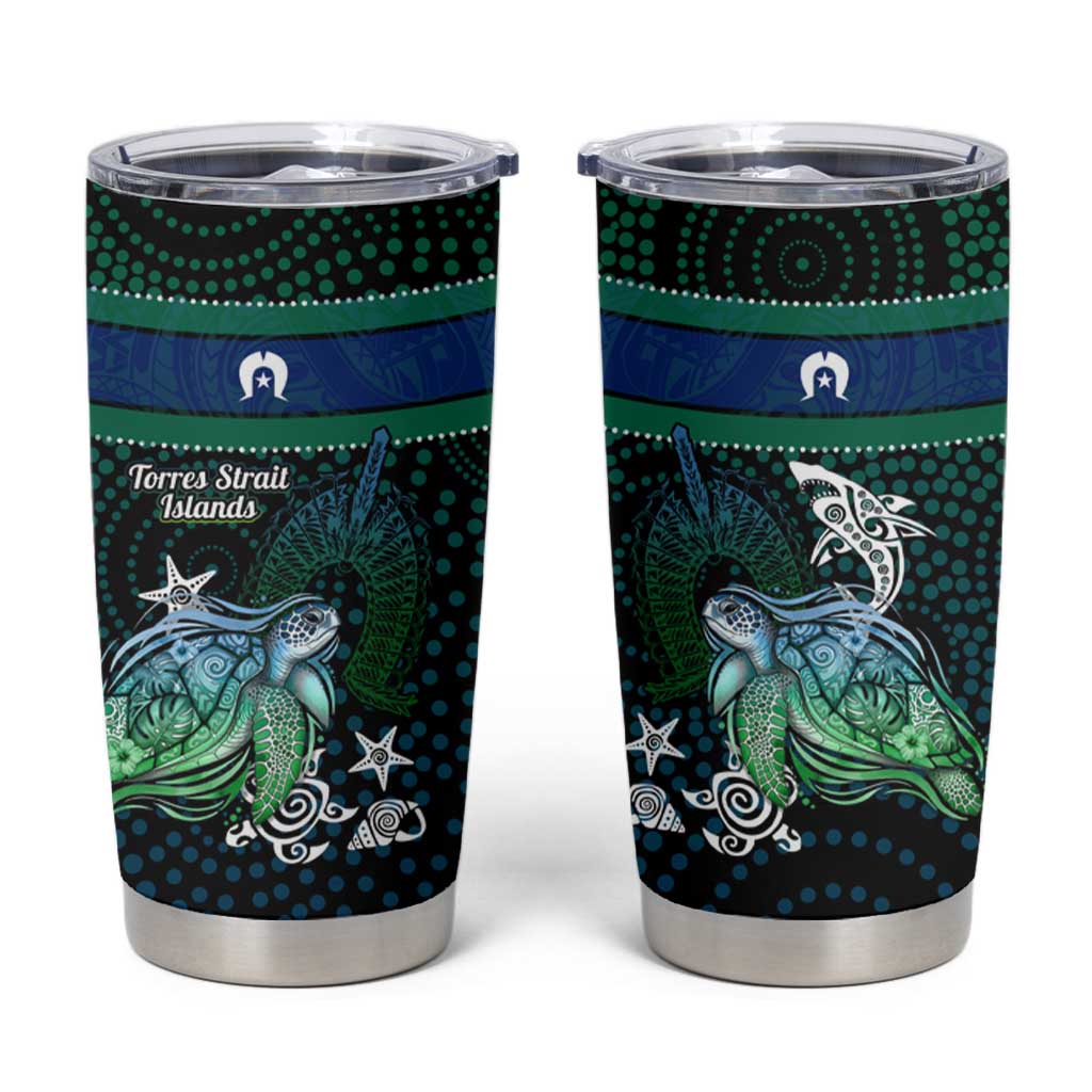 Torres Strait Islands Sea Turtle and Dhari Tumbler Cup Oceanic Indigenous Dotwork Tribal Illustration