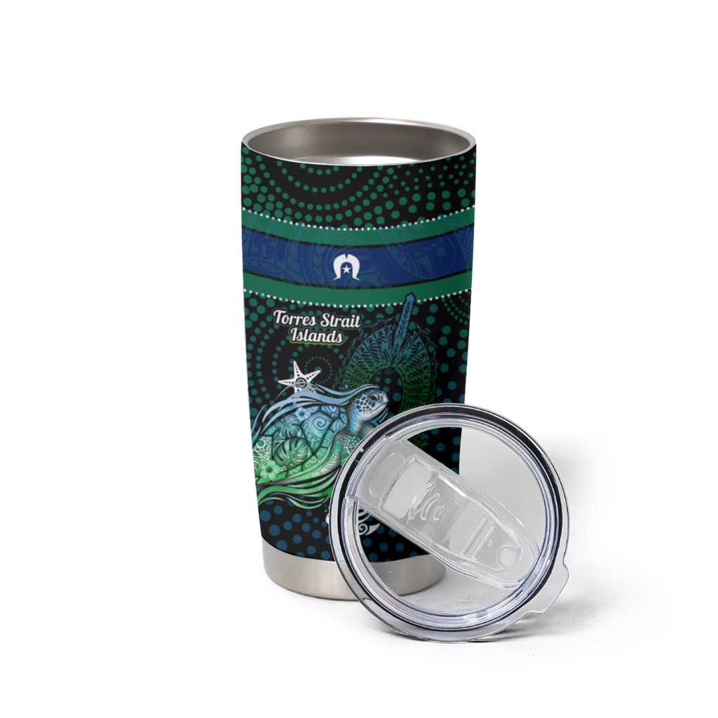 Torres Strait Islands Sea Turtle and Dhari Tumbler Cup Oceanic Indigenous Dotwork Tribal Illustration