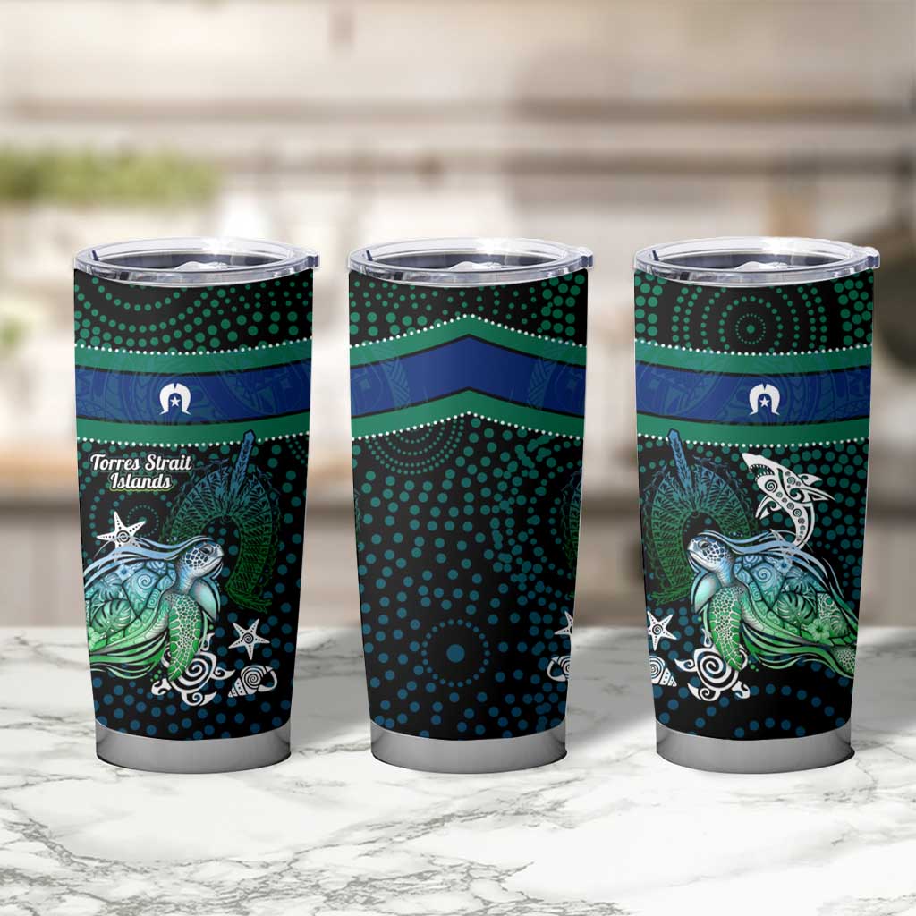 Torres Strait Islands Sea Turtle and Dhari Tumbler Cup Oceanic Indigenous Dotwork Tribal Illustration