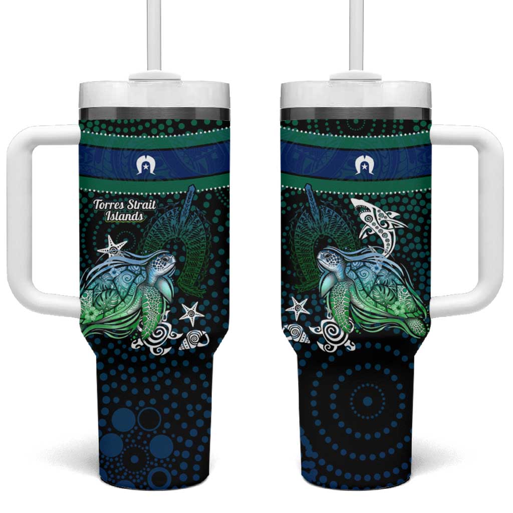 Torres Strait Islands Sea Turtle and Dhari Tumbler With Handle Oceanic Indigenous Dotwork Tribal Illustration
