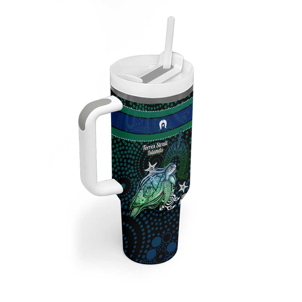 Torres Strait Islands Sea Turtle and Dhari Tumbler With Handle Oceanic Indigenous Dotwork Tribal Illustration