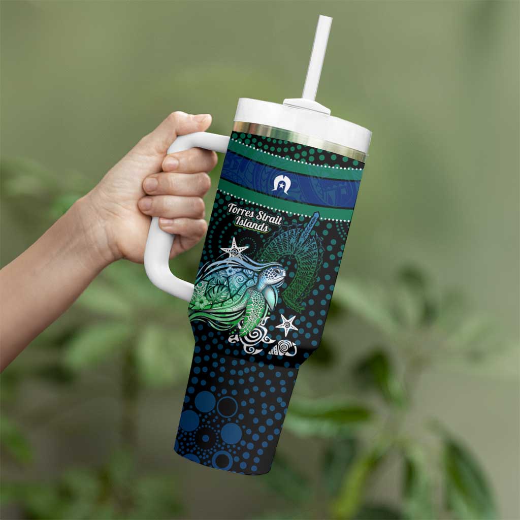 Torres Strait Islands Sea Turtle and Dhari Tumbler With Handle Oceanic Indigenous Dotwork Tribal Illustration