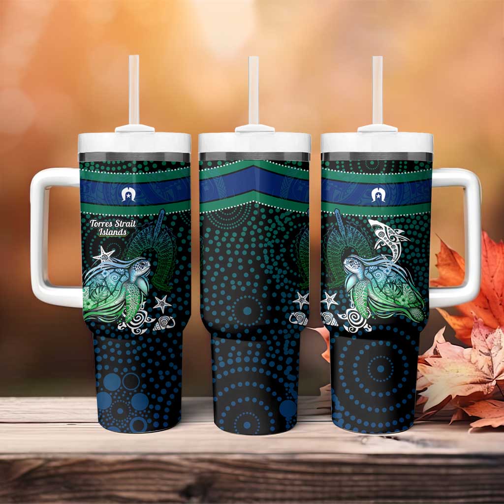 Torres Strait Islands Sea Turtle and Dhari Tumbler With Handle Oceanic Indigenous Dotwork Tribal Illustration