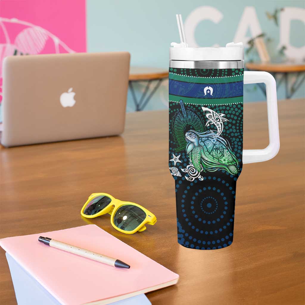 Torres Strait Islands Sea Turtle and Dhari Tumbler With Handle Oceanic Indigenous Dotwork Tribal Illustration