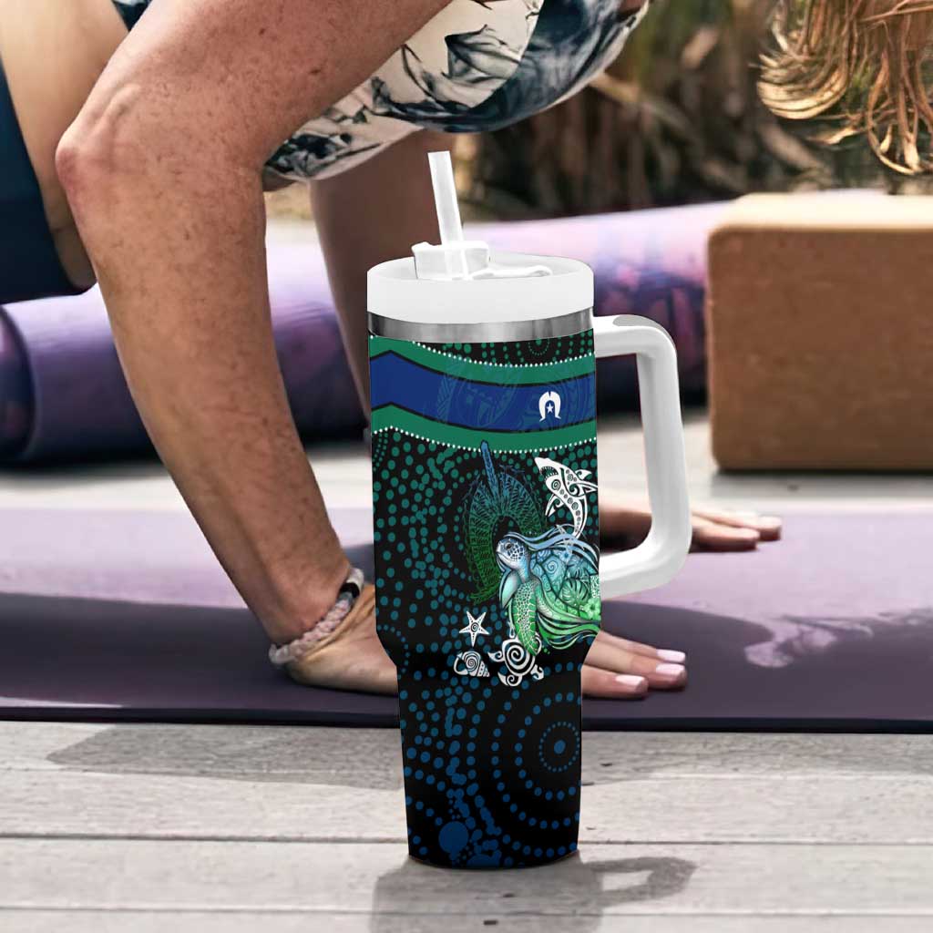 Torres Strait Islands Sea Turtle and Dhari Tumbler With Handle Oceanic Indigenous Dotwork Tribal Illustration