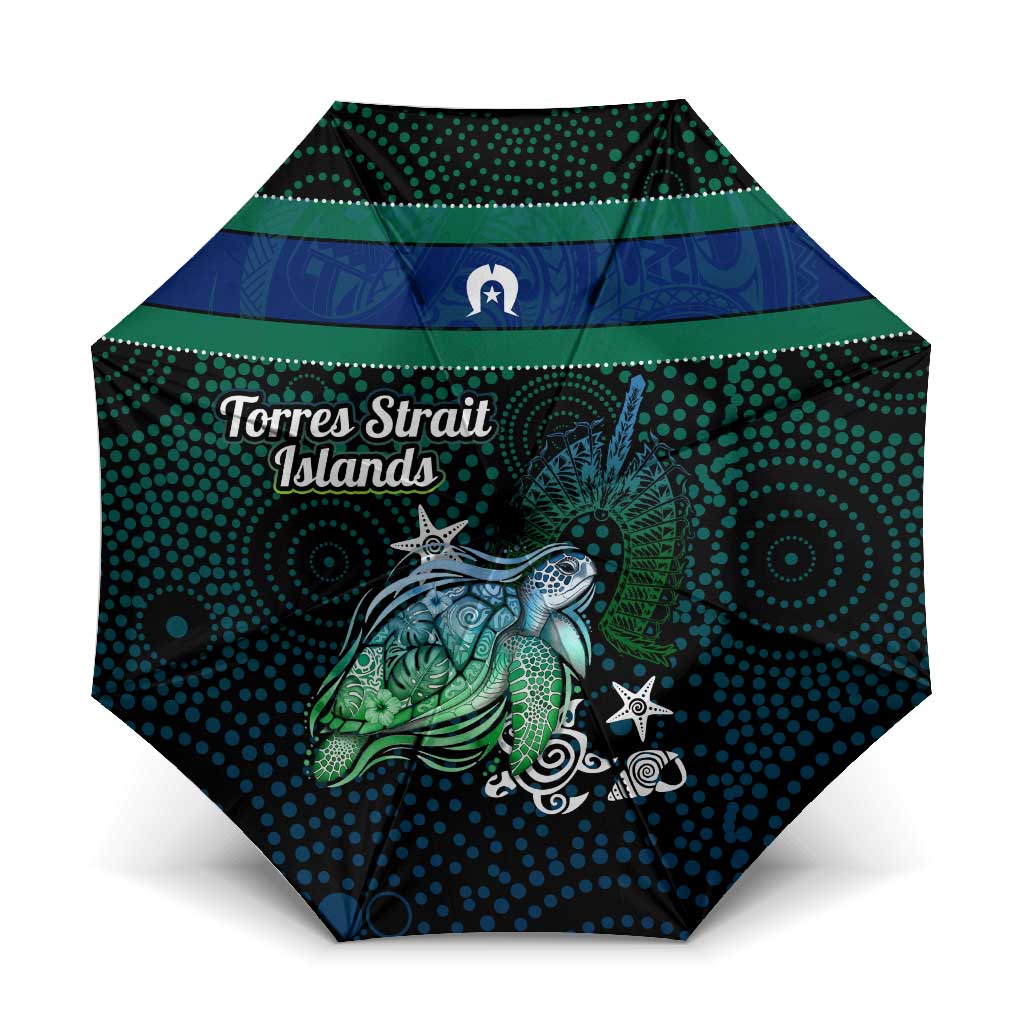 Torres Strait Islands Sea Turtle and Dhari Umbrella Oceanic Indigenous Dotwork Tribal Illustration