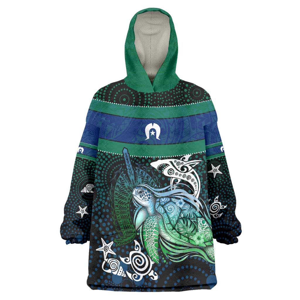 Torres Strait Islands Sea Turtle and Dhari Wearable Blanket Hoodie Oceanic Indigenous Dotwork Tribal Illustration