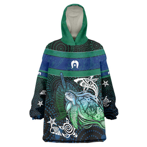 Torres Strait Islands Sea Turtle and Dhari Wearable Blanket Hoodie Oceanic Indigenous Dotwork Tribal Illustration
