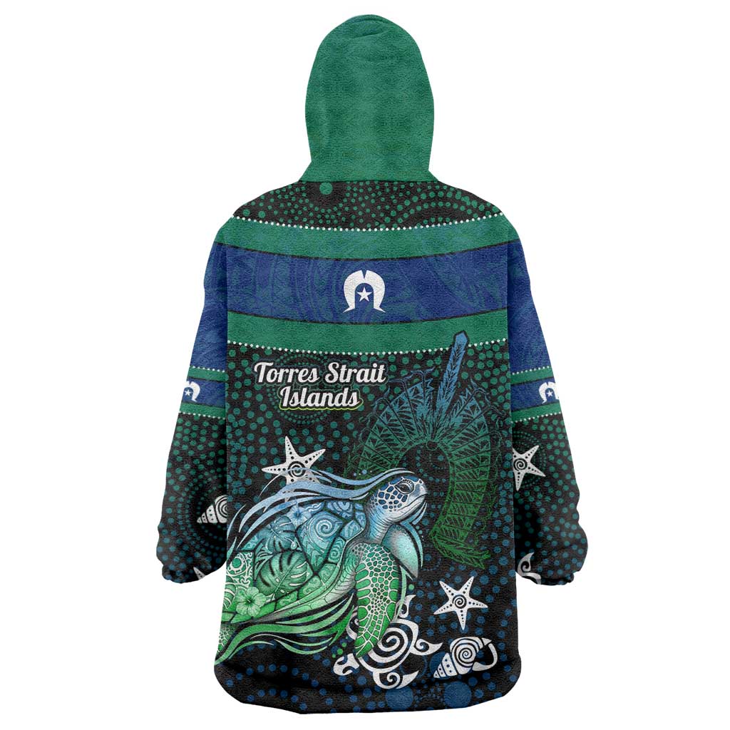 Torres Strait Islands Sea Turtle and Dhari Wearable Blanket Hoodie Oceanic Indigenous Dotwork Tribal Illustration