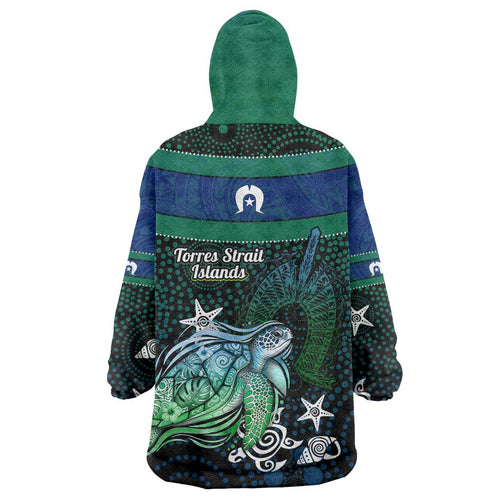 Torres Strait Islands Sea Turtle and Dhari Wearable Blanket Hoodie Oceanic Indigenous Dotwork Tribal Illustration
